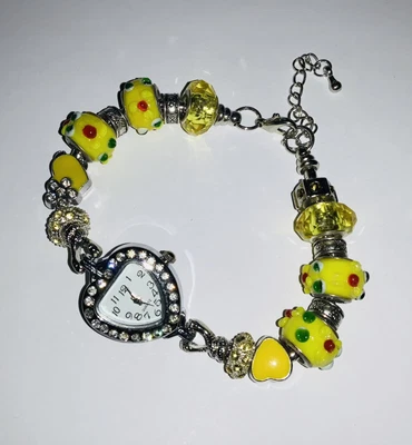 Ex-Display Hand Made BEADED Rhinestone BRACELET WATCH 15 Charms Yellow 8.5 Inch • £6