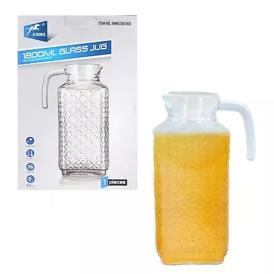 Glass Serving Pitcher Fridge Jug With Lid 1.8L Water Juice Cocktail Iced Tea • £8.99