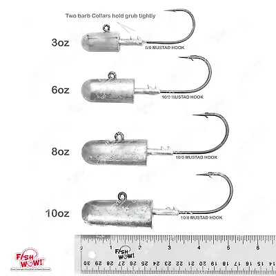 3oz 6oz 8oz 10oz Fishing Bullet Jig Head 8/0 10/0 MUSTAD Hook 32786 Nickel Lot • $13.88