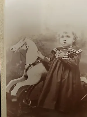 Vintage Photo Rocking Horse Equestrian Child Girl Dress Antique Cabinet Card  • $11
