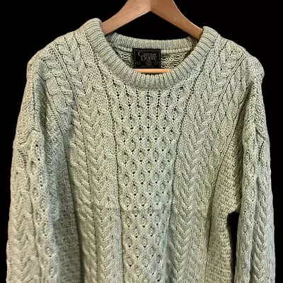 Mens Carraig Donn WOOL Minty Green Cable Knit Fisherman Sweater Ireland Made M • $19.90