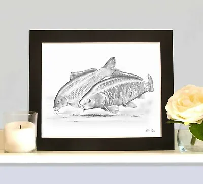 THE COMMON AND THE MIRROR Carp Picture Fishing Present Fish Art Drawing Print • £9.99