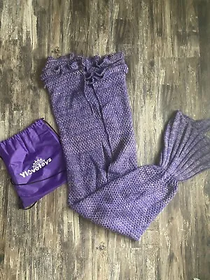 PURPLE Mermaid Tail Blanket Crocheted SOFT Cocoon Sofa Knit Sleep Sak Bag CHILD • £17.34