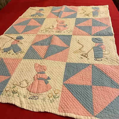 Baby Quilt Handmade Embroidered Patchwork 40 X30” Boys Fishing Girls & Flowers • $49