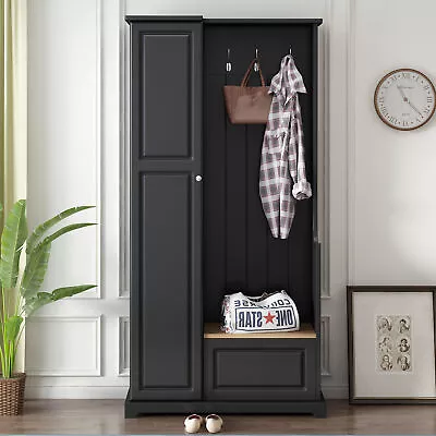 Entryway Bench With Coat Rack Hall Tree Shoe Storage Shelves Organizer W/3 Hooks • $322.29