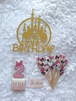 Number 2 Happy Birthday Candle + Minnie Mouse Picks + Disney Castle Cake Topper • $7.46