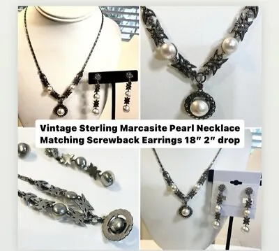 Vintage Sterling Silver Marcasite Pearl Necklace Set 18” 2” Screwback Earrings  • $65