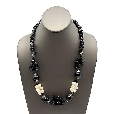 Vintage Black Onyx Nugget And White Pearl Beaded 24 Inch Fashion Necklace • $50