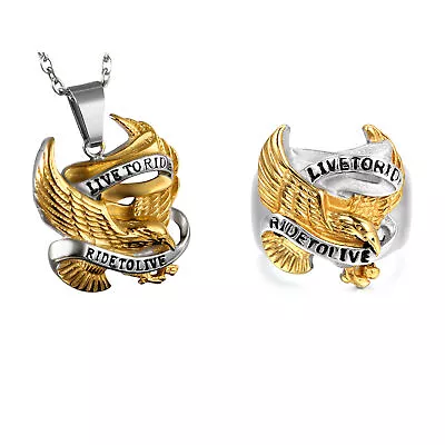 Mens  Live To Ride  Eagle Biker Ring Stainless Steel Pendant Chain Necklace Men • $15.99