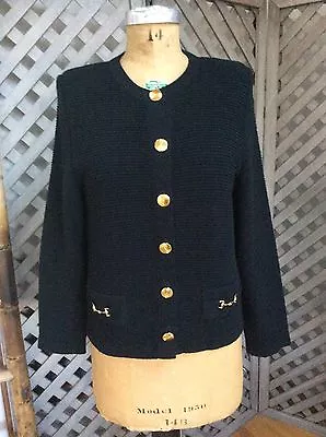 Black Cardigan Sweater Jacket HORSE BIT BUTTONS 10 KRINKLE SPUN KNIT Ribbed MITA • $65