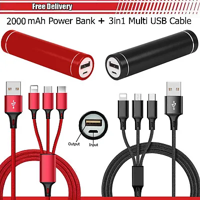 Original 2000mAh Power Bank Portable USB Charger Pack & Multi USB Braided Cable • £8.95