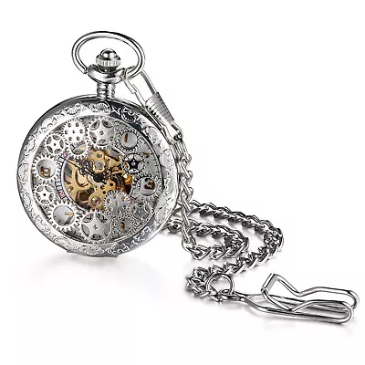 Vintage Mens Womens Pocket Watch Mechanical Silver Tone Steampunk Skeleton Chain • $22.99
