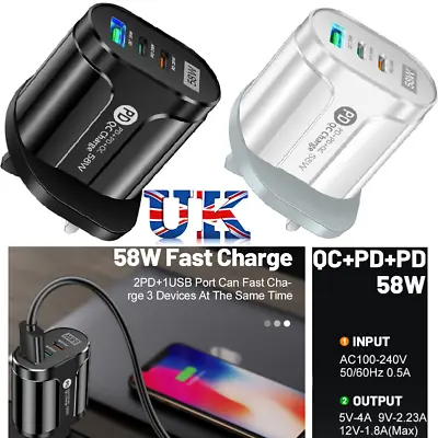 58W 3-Port Fast Charging Block USB C Charger PD+QC Wall Plug For Iphone 15 14 13 • £8.39