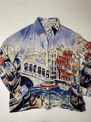 Michael Leu Wearable Art Italy City Scape Button Up Silk Shirt Size L • $32