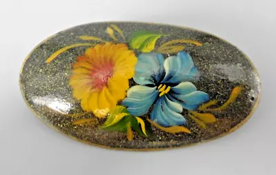 Vintage Artisan Brooch Hand Painted Flowers Elongated Oval Folk Art Hibiscus • $10