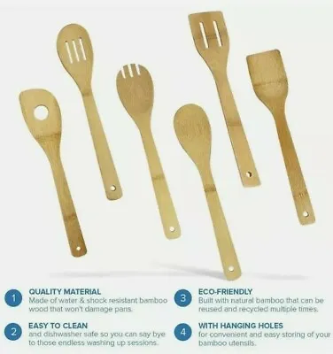 £6.99 • Buy 6Pcs Wooden Cooking Utensil Set Bamboo Kitchen Spatula Spoons Tools Wood Kit