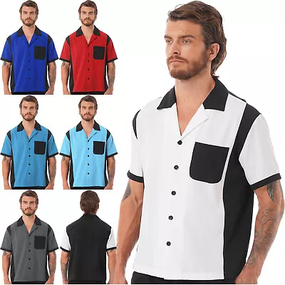 Men's 50s Retro Bowling Camp Shirts Short Sleeve Button Down Casual Dress Shirt • £21.30