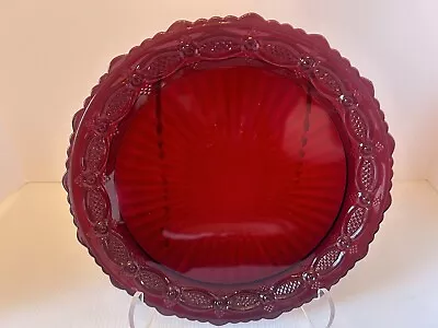 VTG Avon Ruby Red Glass Cape Cod Dinner Server Cake Plate Scalloped Edges 10.75” • $7.90