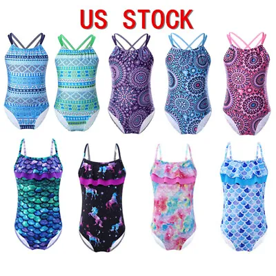 US Kids Girls One Piece Swimsuit Mermaid Beach Swimwear Ruffle Bathing Suit • $6.57