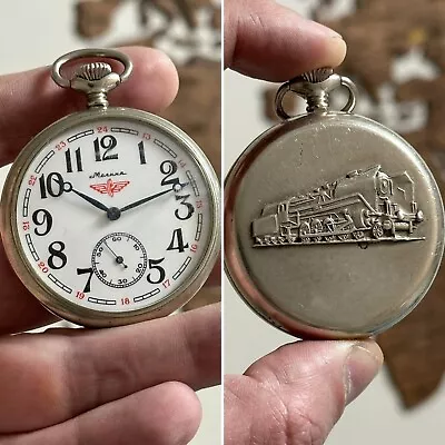 Vintage Soviet Mechanical Open Face Pocket Watch Molnija Train USSR • $50