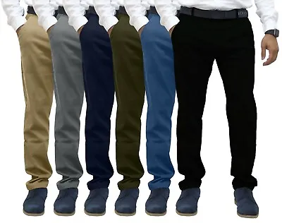 Mens Regular Fit Chino Trousers Stretch Casual Cotton Flat Front Flex Full Pants • $22.94