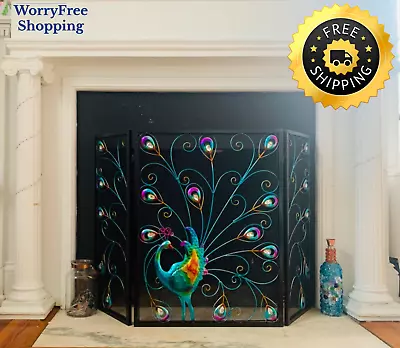 Peacock 3-Panel Fireplace Screen Folding Decorative Fire Place Cover Spark Guard • $176.68