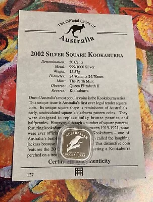2002 Australian Kookaburra 1/2oz 999 Silver Square Coin With COA 50 Cent • £3.20