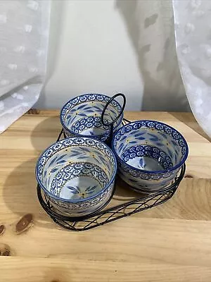 Temptations Old World Blue 3 Bowl Bake Serve Set Wire Caddy Party Buffet W/ Lids • £24.70