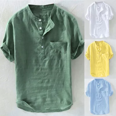 Mens Short Sleeve Linen Cotton Shirts Summer Beach Soft Loose Tops Shirt Tee • $11.89