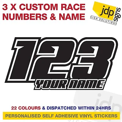 3 X Custom Race Numbers And Name Stickers Motocross Kart Decals Mx Dirt Bike • £8.20