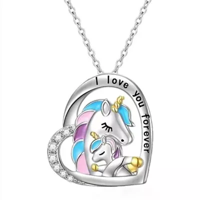 925 Silver Plated Mother Necklace Pendant Shinny Unicorn Heart Love Mom Gift • £3.49