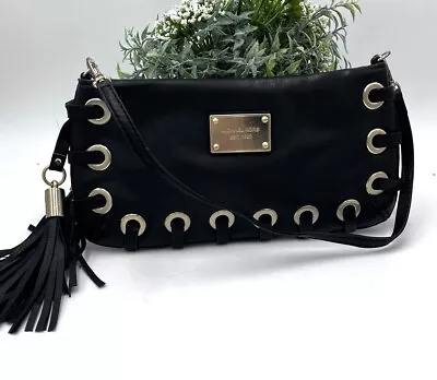 Michael Kors Black Leather Astor Grommet Tassel Clutch Convertible Shoulder Bag • $69.91