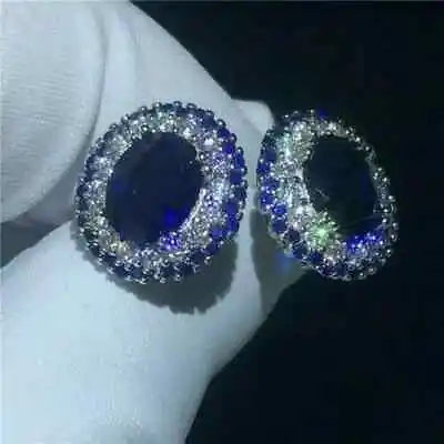 4.50Ct Oval Lab Created Blue Sapphire Halo Stud Earrings 14K White Gold Plated • $128.47