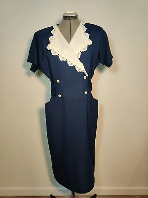 Vtg Waitress Maid Uniform Secretary Dress Sz 12 Petite Navy Blue White Lace • $30