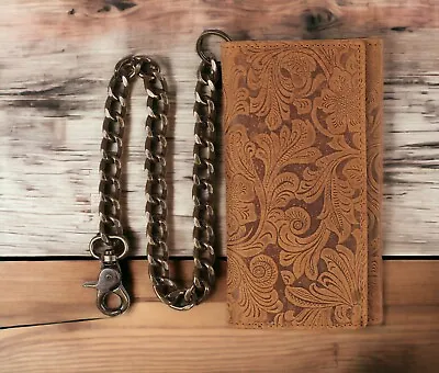 RFID Mens Tri-fold Long Style Vintage Leather Biker Chain Wallet Brown Floral • $39.95