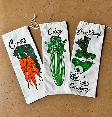 3 Vintage Vegetable Bags Handprinted -Veggie Storage Celery/Green Onion/Carrot • $21