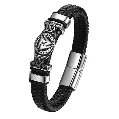 Norse Viking Valknut Amulet Runes Leather Bracelet Magnetic Wristband For Men • $11.59