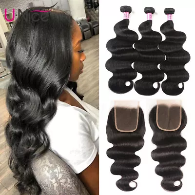 UNice Mongolian Body Wave Bundles Human Hair Weaves With Lace Closure Extensions • $176.20