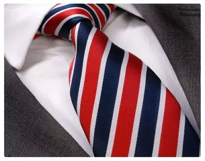 New Men's Designer Red & Navy With Thin White Stripes Silk Tie  • £7.99