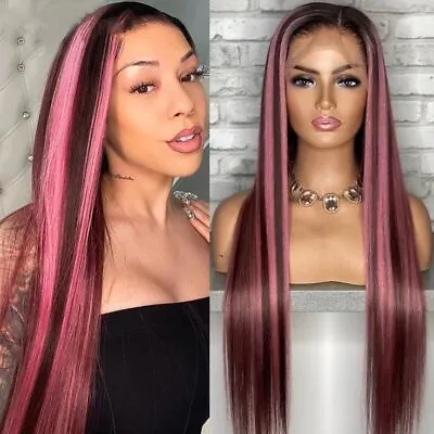 Long Pink Mixed Black Straight T Part Lace Front 100% Human Hair Wig Pre Plucked • $129.99