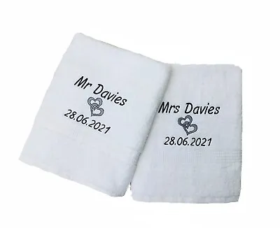 £25.99 • Buy Personalised Embroidered Mr And Mrs Bath Towel Wedding Gift Set - Hearts Motif
