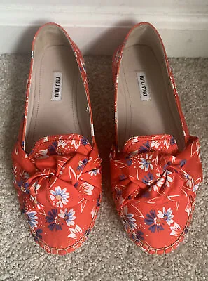 MIU MIU Orange Floral Espadrilles Flats Sz 37 Italy • $99.99