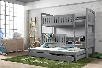£459 • Buy Children Wooden Pine Bunk Bed Trundle Bed BLANKA Storage Drawers Grey