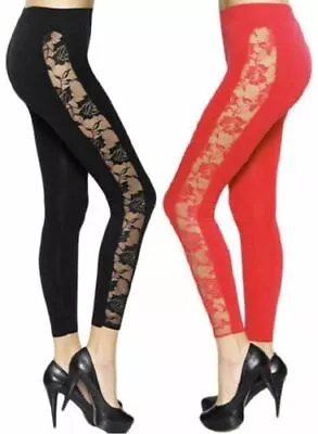 New Womens Lace Leggings Side Panel Sexy Lacey Through Ladies Leggings Size 8-14 • £8.99