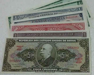 6 Crisp Uncirculated Foreign Bank Notes: Chile(2) Columbia Brazil Paraguay • $17.99