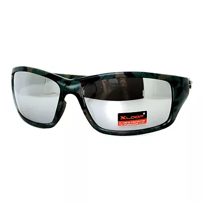 Mens Xloop Sunglasses Wrap Around Rectangular Camo Print Mirror Lens • $10.95