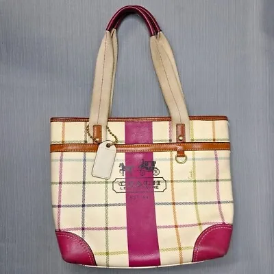 Coach 12219 Heritage Plaid Tattersall Tote Ivory Handbag Satchel Leather Trim • $32.90