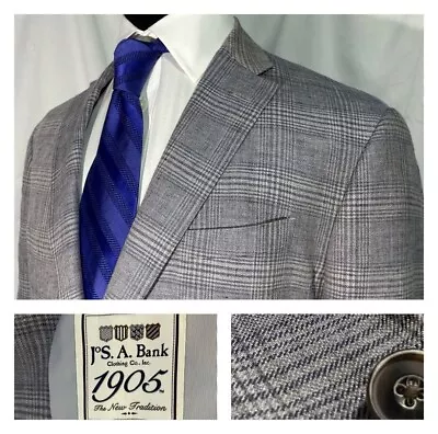 Jos A Bank 1905 Ltwt Linen Gray Plaid Jacket Sport Coat Tailored Fit 42 • $64.95