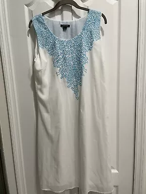 TIMELESS Naeem Khan White Lined Dress Turquoise Embroidery XL NWOT • $22