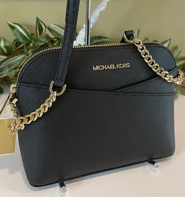 Michael Kors Jet Set Travel Medium Dome Chain Crossbody Bag Black Leather Gold • $94.99